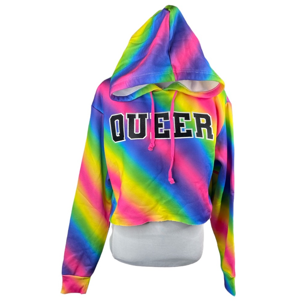 Dolls Kill Club Exx Playful Player Queer 69 Cropped Hoodie Rainbow Size Large - Picture 2 of 11